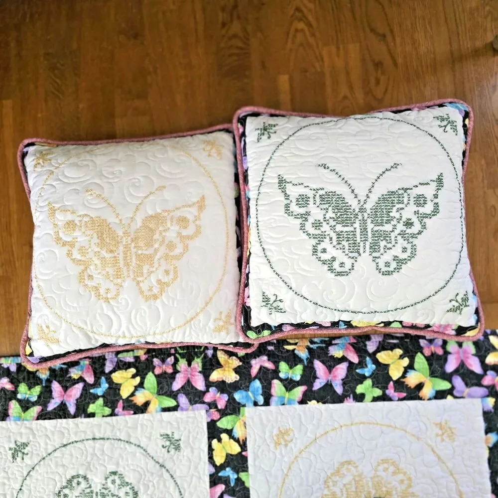 Handmade Quilt Set 80x80 Cross Stitch Butterflies w/ Matching Pillows Girls Room
